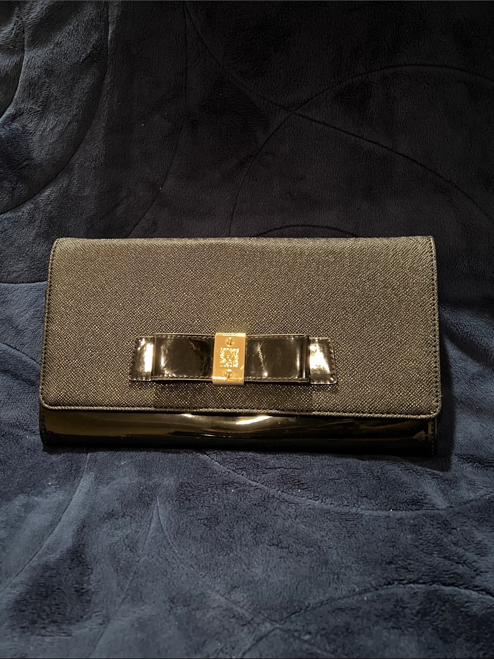 Anne Klein Black Bow-Accent Clutch with Gold Hardware
